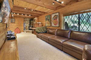 Carpeted living area featuring wood walls, a wood stove, rail lighting, and a wood ceiling with exposed beams