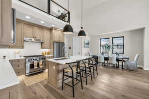 Kitchen with high end appliances, under cabinet range hood, a high ceiling, light wood-style floors, and light countertops