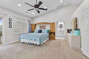 Bedroom featuring light carpet, lofted ceiling, recessed lighting, access to outside, and ceiling fan