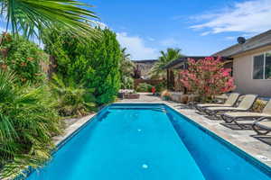 Swimming pool featuring a patio and a fenced backyard