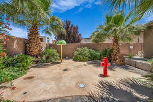 Fenced backyard featuring a patio area
