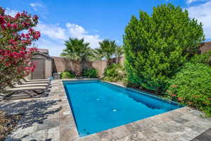 View of swimming pool featuring a shed, a fenced backyard, and a patio