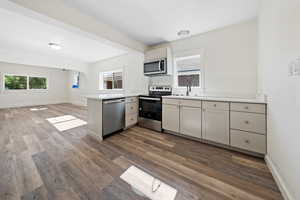 Kitchen with appliances with stainless steel finishes, a peninsula, healthy amount of natural light, and dark wood finished floors