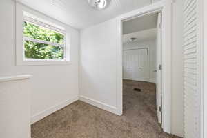 Unfurnished room with carpet flooring and baseboards