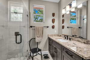 Bathroom featuring vanity and a stall shower