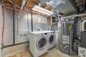 Laundry room featuring gas water heater and washing machine and clothes dryer