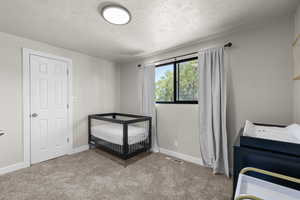 Carpeted bedroom featuring a textured ceiling and a crib