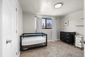 Bedroom with light colored carpet, a textured ceiling, and a crib