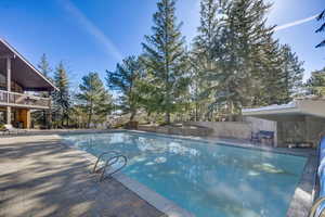 View of swimming pool with a patio