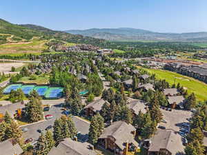 Aerial perspective of suburban area with mountains