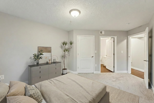 Carpeted bedroom with a textured ceiling and a closet