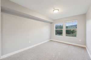 Carpeted empty room with baseboards and a textured ceiling