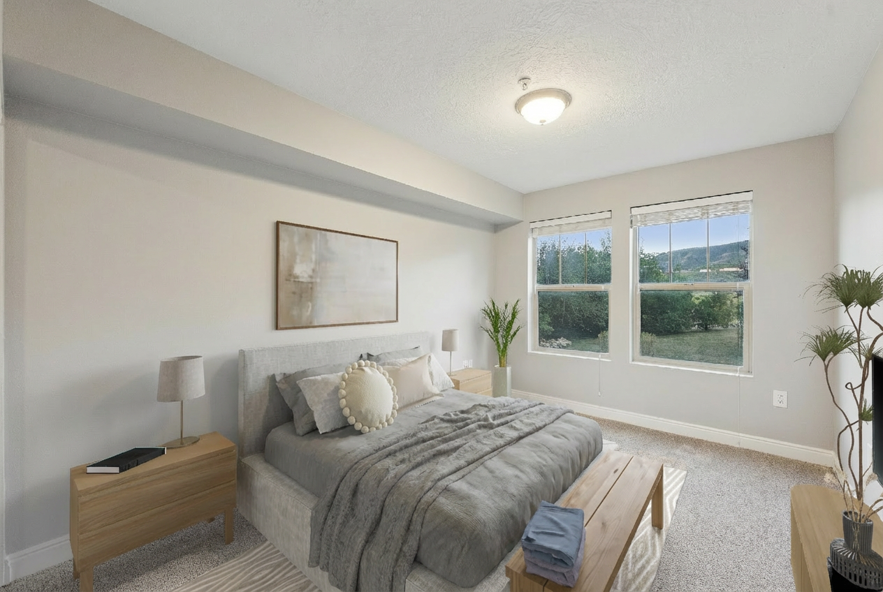 Carpeted bedroom featuring baseboards and a textured ceiling