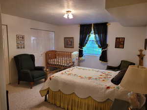 Carpeted bedroom with a closet