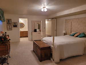 Bedroom featuring light carpet and connected bathroom