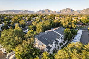 Aerial perspective of suburban area with mountains