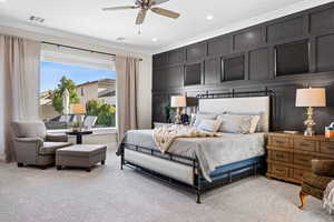 Bedroom featuring light colored carpet, crown molding, recessed lighting, and a ceiling fan