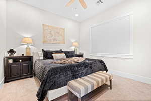 Bedroom featuring carpet flooring and a ceiling fan