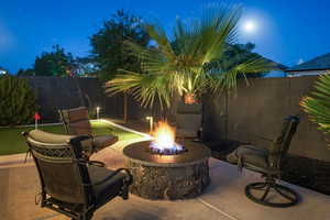 Fenced backyard with a fire pit and a patio