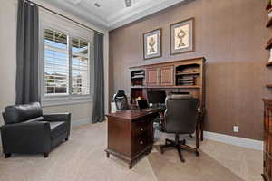 Office space with light colored carpet