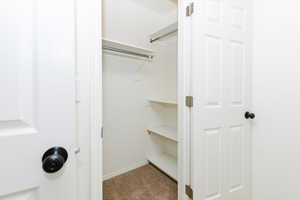 Walk in closet featuring light colored carpet