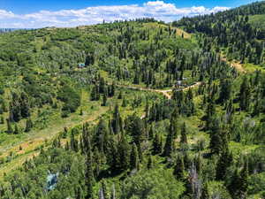 Aerial view of property and surrounding area with a heavily wooded area