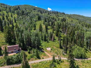 View of subject property featuring a heavily wooded area and mountains
