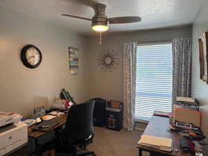 Office with carpet flooring, a ceiling fan, a textured ceiling, and healthy amount of natural light