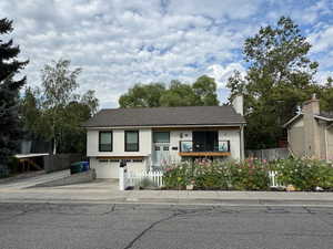 Raised ranch with concrete driveway, a garage, and a chimney
