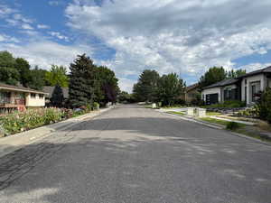 View of asphalt street featuring sidewalks, a residential view, and curbs