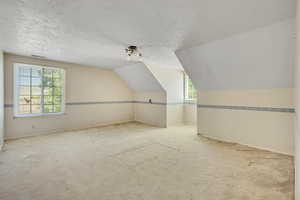 Bonus room with light colored carpet, a textured ceiling, and lofted ceiling