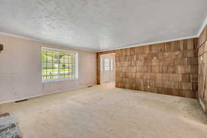 Carpeted empty room with crown molding, a textured ceiling, and wooden walls