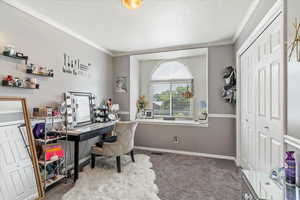Home office with carpet flooring, crown molding, and a textured ceiling