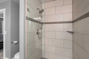 Full bathroom with a stall shower and toilet