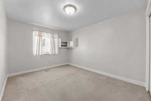 Empty room with light colored carpet and a textured ceiling