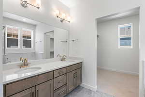 Full bathroom featuring double vanity and plenty of natural light