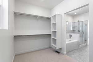 Walk in closet with carpet flooring