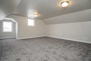 Bonus room with lofted ceiling and carpet