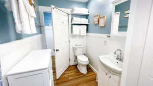 Bathroom with wood finished floors and vanity