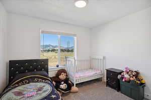 3rd Carpeted bedroom with a mountain view and a textured ceiling