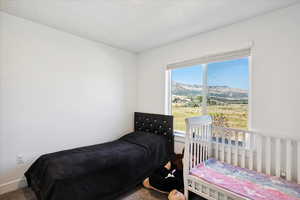 Carpeted bedroom with a textured ceiling and a mountain view