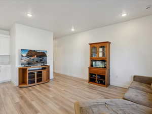 Living room with light wood-style floors and recessed lighting