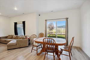 Dining room featuring light wood-type flooring, plenty of natural light, and recessed lighting