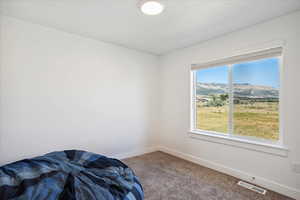 Unfurnished bedroom featuring carpet floors and a mountain view