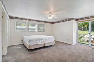 Bedroom with access to outside, a textured ceiling, multiple windows, and carpet