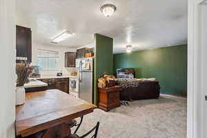 Kitchen with freestanding refrigerator, dark brown cabinetry, light countertops, light colored carpet, and open floor plan