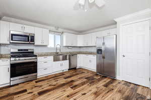 Kitchen with stainless steel appliances, ornamental molding, white cabinetry, dark wood finished floors, and backsplash