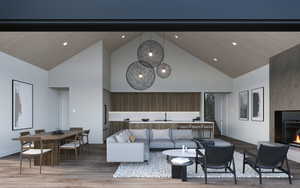Living area featuring high vaulted ceiling, light wood-type flooring, and a fireplace