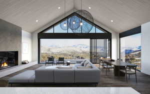 Living room with high vaulted ceiling, a mountain view, healthy amount of natural light, a fireplace, and recessed lighting