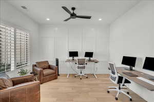 Home office featuring ceiling fan, wood finished floors, and recessed lighting